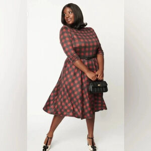 🦋B2G1🦋UNIQUE VINTAGE Burgundy & Black Buffalo Plaid Knit Devon Swing Dress